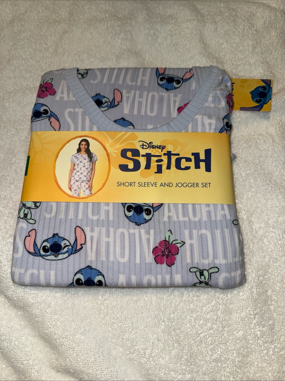 Disney Stitch Short Sleeve Jogger Pajama Set - Lavender with Blue and Pink